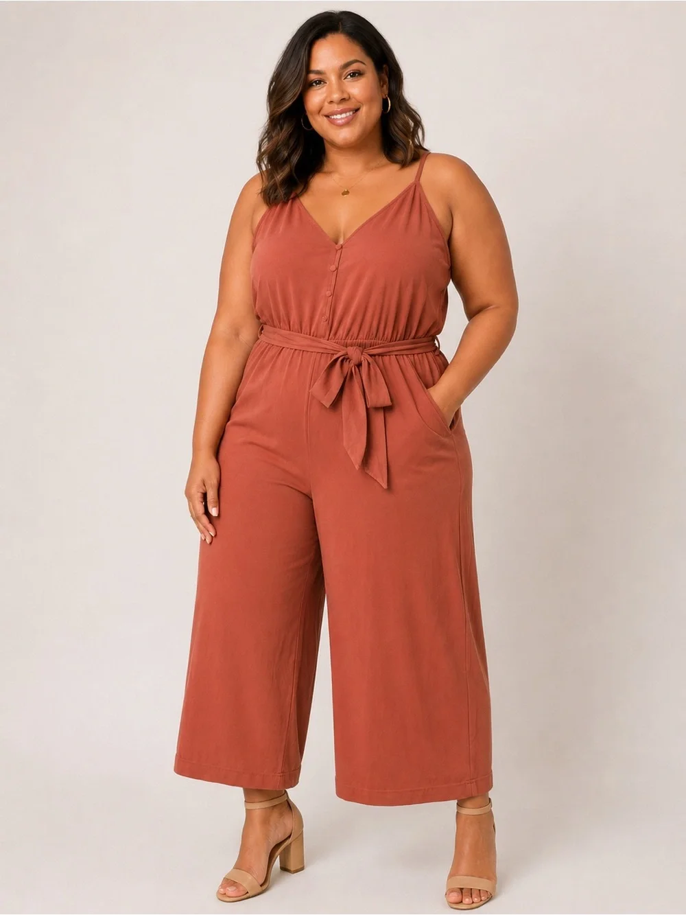 POPSUGAR Pink Coral Sleeveless Tie-Waist Wide-Leg Jumpsuit Romper SZ L NEW
